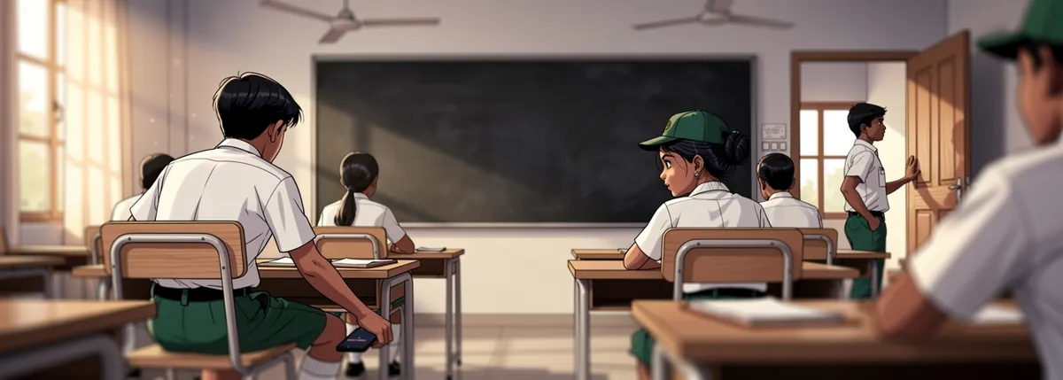 The back of the classroom: a boy at the last desk reaches down to his sock, where the edge of a phone shows; another boy at the door keeps watch. Tara, two desks ahead, has just noticed.