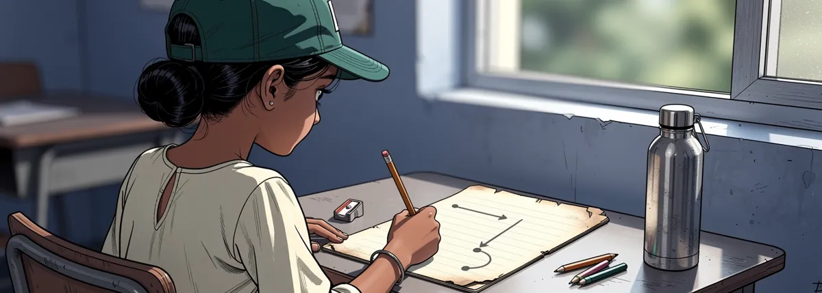 Over Tara’s shoulder: her laminated card flat on the desk, a pencil in her hand. On it, a small sketch: a dot, an arrow to a second dot, and a line that drops and curls back to a third dot under the first.