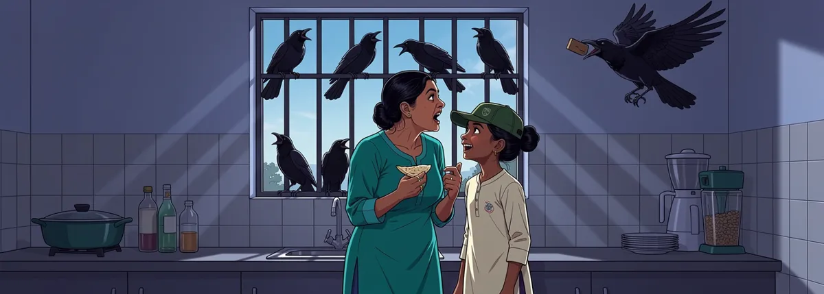 Six crows crowd the kitchen window sill at dawn, one flying off with a clothes peg. Bou stands at the counter with a roti in her hand, startled. Tara laughs beside her.