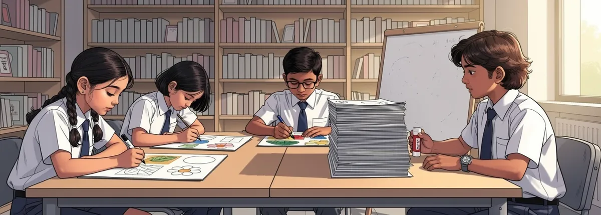 Four children at a library table making a chart: one writes, one draws, one colours slowly with a stack of pages by his elbow. Arjun holds a glue stick and waits.