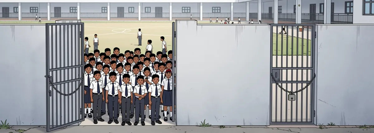 A crowd of children presses toward one open gate in the school wall; a second gate stands closed with a chain. Behind them, a wide empty corridor. Arjun looks at the closed gate.
