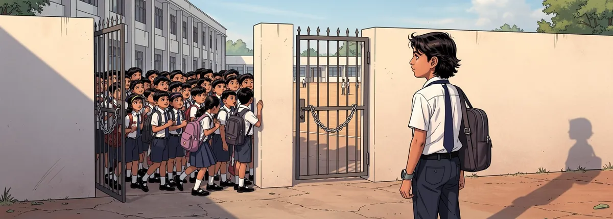 A crowd of children presses toward one open gate in the school wall; a second gate stands closed with a chain. Behind them, a wide empty corridor. Arjun looks at the closed gate.