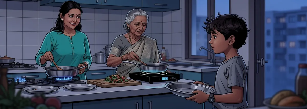 Amma at the gas stove and Ajji at a small induction plate beside it, a pan on each. The heap of chopped vegetables is small now. Arjun carries a full dish to the door.