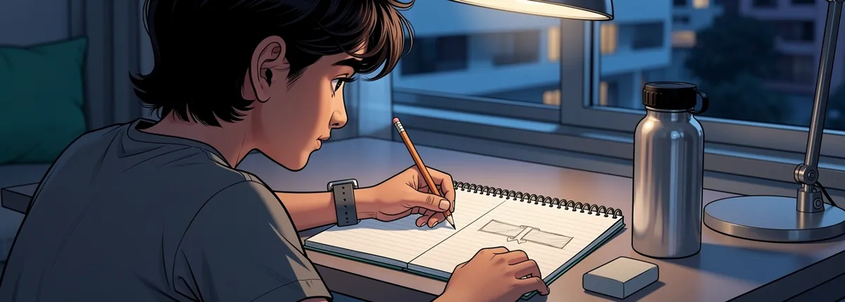 Over Arjun’s shoulder: his spiral notebook ruled into two columns, a pencil in his hand. On it, a small sketch: a long band with a pinch in the middle and an arrow through it.