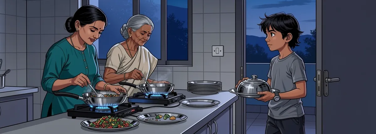 Amma at the gas stove and Ajji at a small induction plate beside it, a pan on each. The heap of chopped vegetables is small now. Arjun carries a full dish to the door.