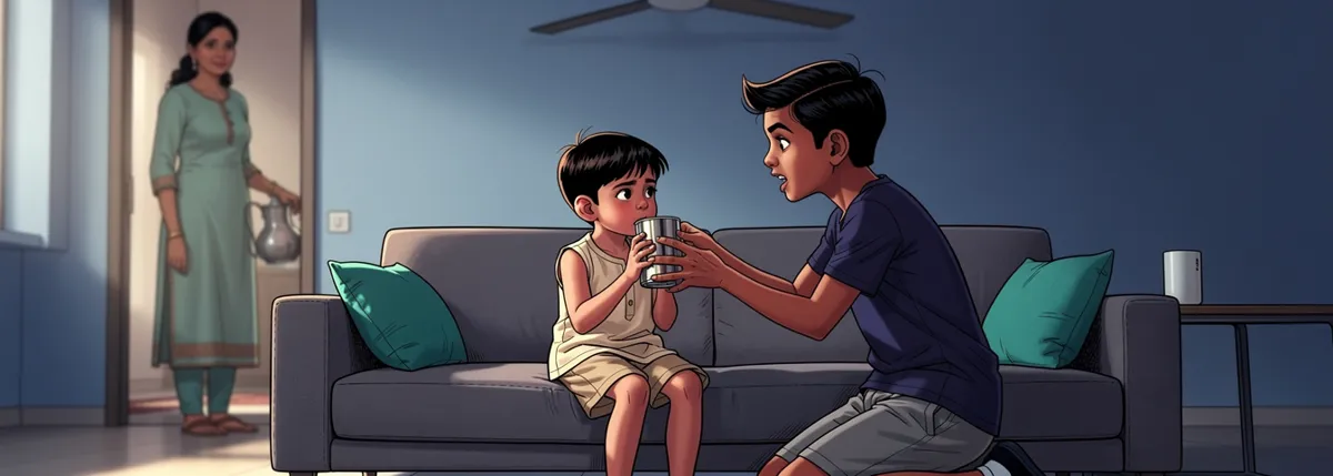 Veer sits up on the sofa with both hands around a steel glass. Dhruv kneels in front of him, holding it to his lips. Mummy watches from the doorway with a jug.