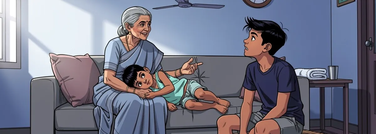 Dadi on the sofa beside Veer, holding his hand, the other hand raised in a warm this-is-what-he-needs gesture. Dhruv on the floor, looking up at her.