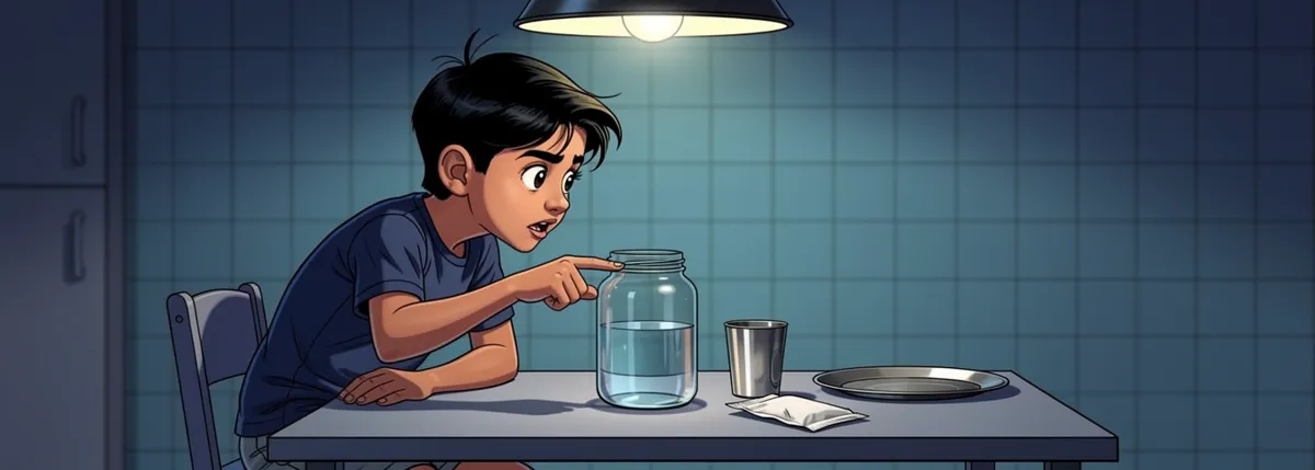 Dhruv at the kitchen table at night, leaning over a clear jar of water, one finger resting at the water’s level. A steel glass and a plain packet beside it.