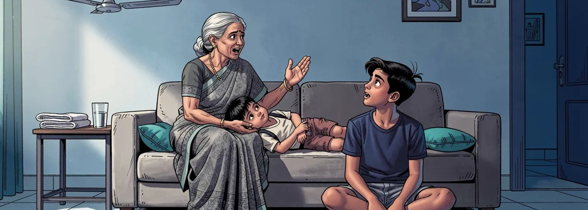 Dadi on the sofa beside Veer, holding his hand, the other hand raised in a warm this-is-what-he-needs gesture. Dhruv on the floor, looking up at her.