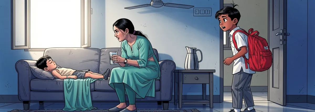 Veer lies limp on the sofa with dry lips. Mummy sits on the edge with a steel glass. Dhruv stands in the doorway with his backpack, looking back at his brother.