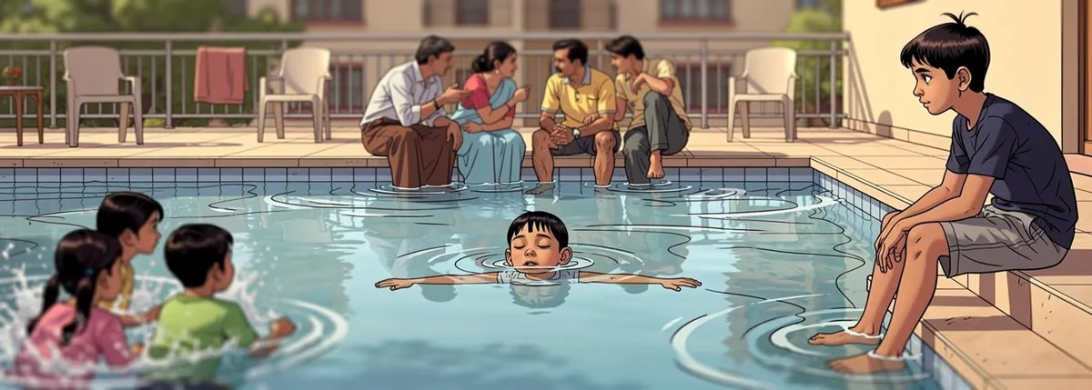 A society pool. Grown-ups sit at the far edge talking. Veer is upright in the water with his head tipped back and his arms flat on the surface. Dhruv on the steps turns to look.