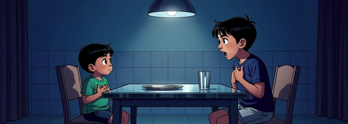 Dhruv at the dining table at night, one hand flat on his chest, mouth open mid-breath. Veer opposite, copying him.