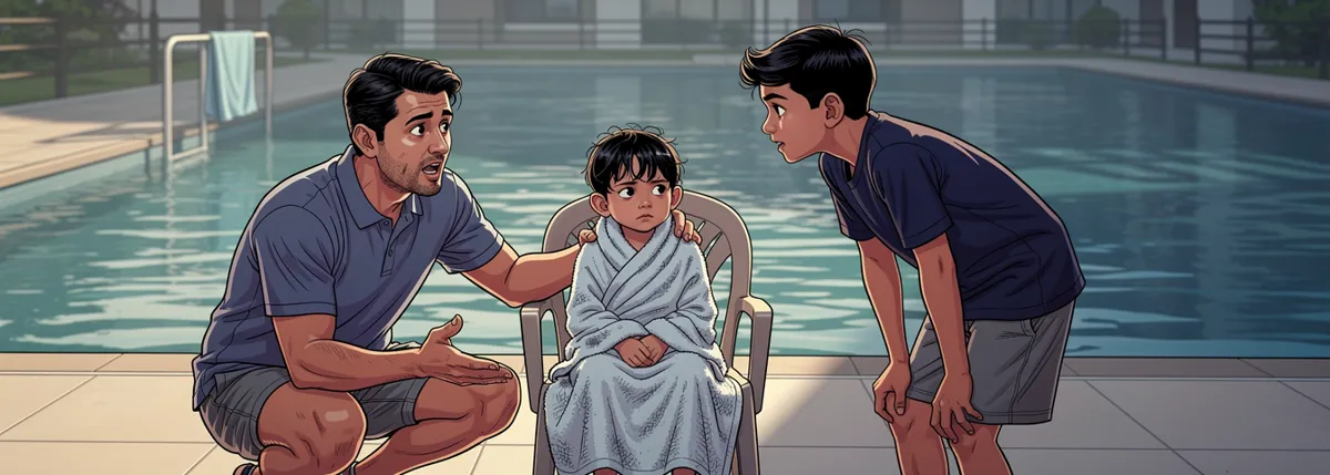 Veer wrapped in a towel on a plastic chair. Mamaji crouches beside him, one hand spread in a kind, puzzled gesture. Dhruv stands on the other side, listening.