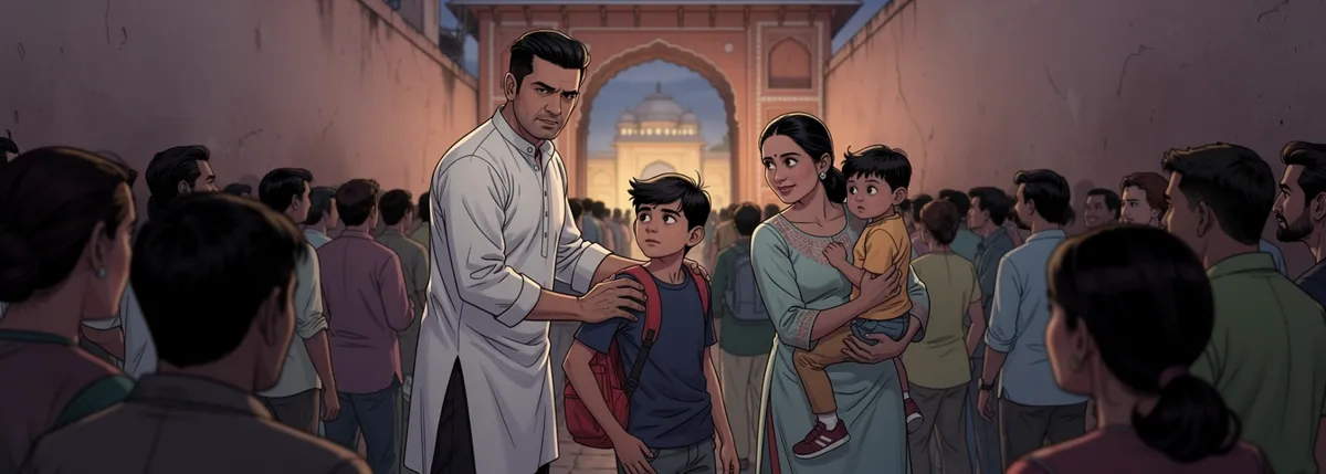 A narrow lane between high walls, filling with people. Papa turns Dhruv by the shoulder toward a gap on the left. Mummy follows with Veer on her hip. Dhruv looks back.