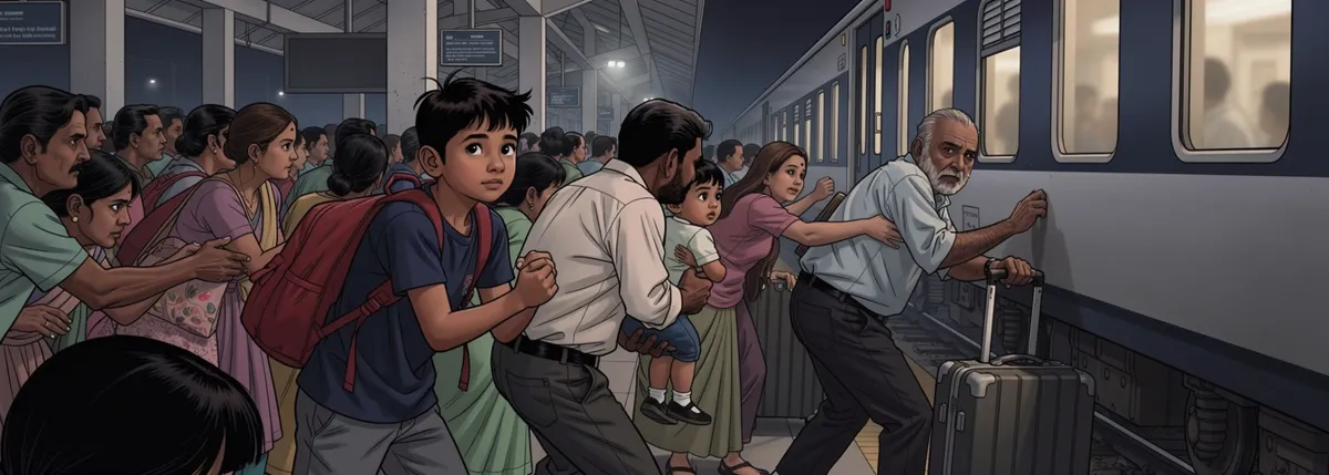 A packed platform at night, a train pulling in. Dhruv upright with his arms bent in front of his chest, moving at an angle toward open space. Papa beside him holds Veer high.