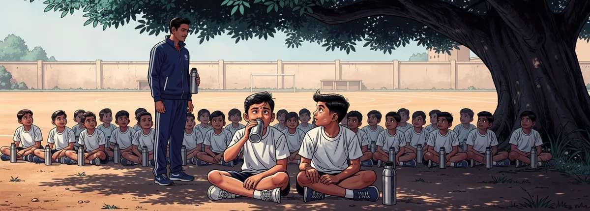 The drill line resting in the shade of a neem tree with bottles. Sameer drinks, cheerful and sweating normally. Dhruv sits beside him, glancing at him.