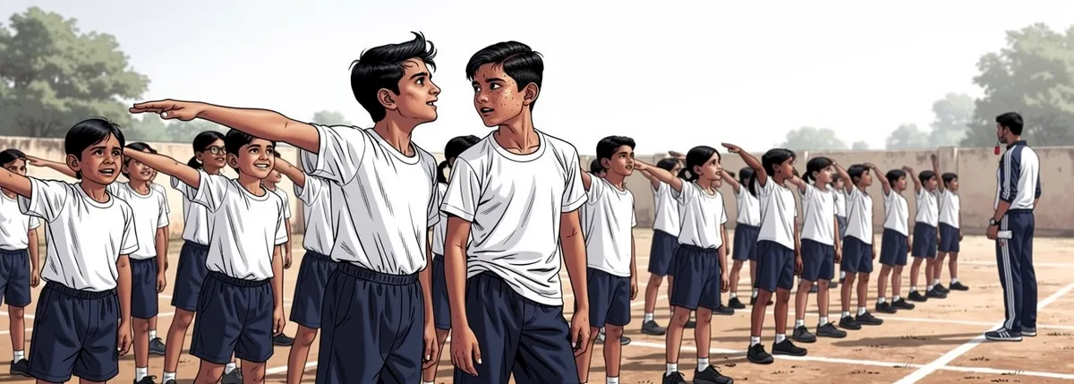 A line of children doing drills on a hot ground, most of them sweating and lively. Sameer stands still among them, face dry, head tipped. Dhruv beside him has turned to look.