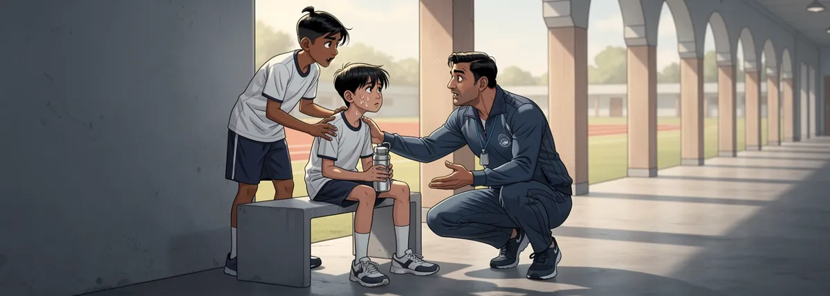 Sameer on a bench in the shaded corridor with a bottle. PT Sir crouches in front of him, one hand spread in a kind, puzzled gesture. Dhruv stands at the side, listening.
