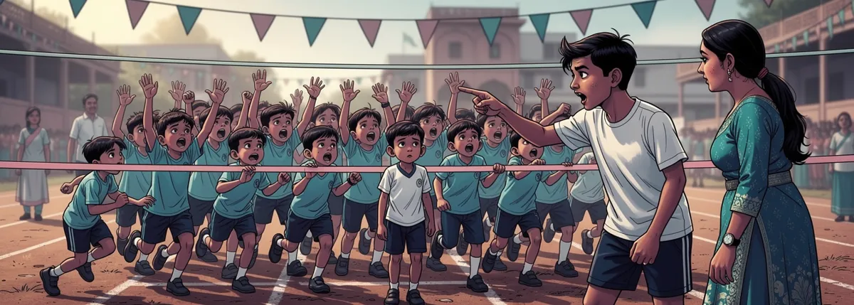 Small children just past the finish tape, shouting and jumping. One boy stands still among them, face dry, swaying. Dhruv at the edge points at him and calls a teacher.