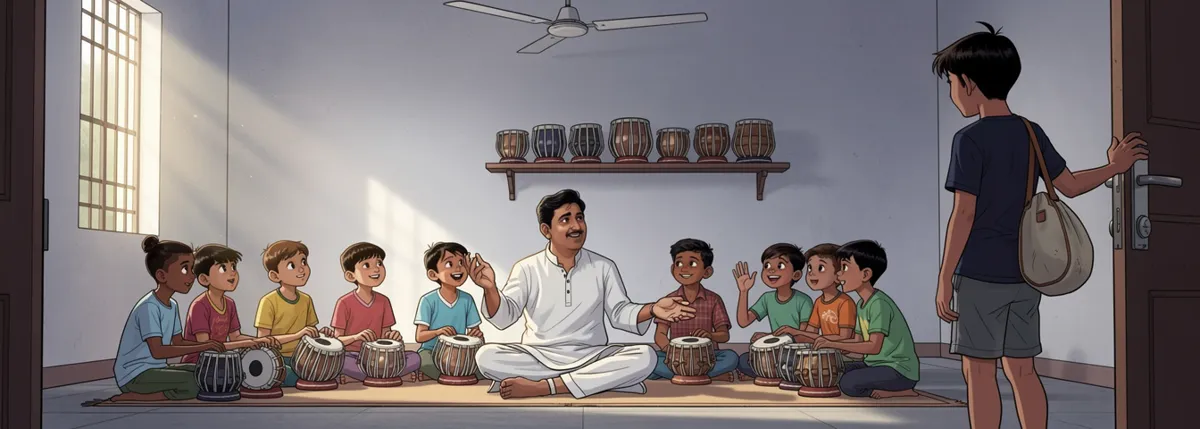 A music room on Saturday morning: a row of children with tablas, a teacher at the front. Dhruv hesitates in the doorway with his tabla bag while Rehan waves.