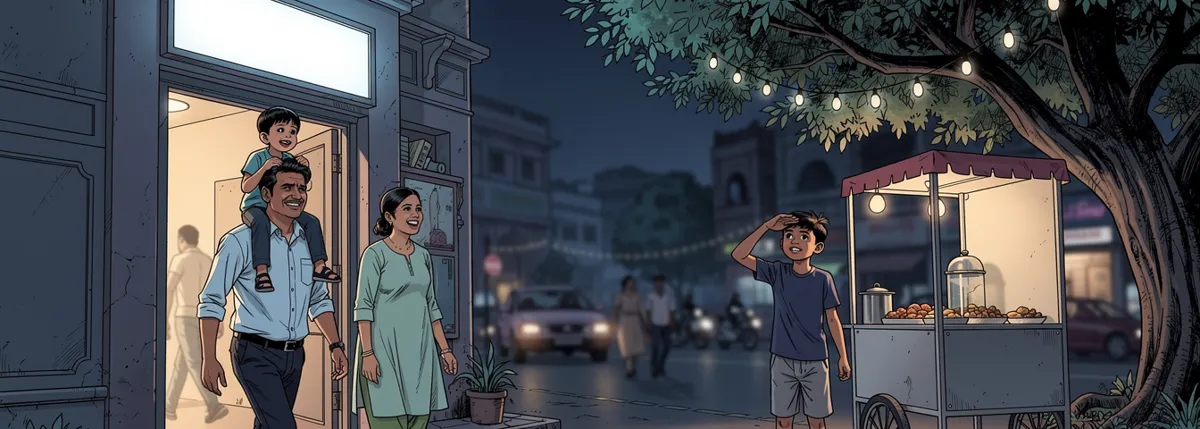The cinema’s side door opens onto a lit evening street. Papa steps out with Veer on his shoulders, Mummy beside them, Dhruv last, grinning at a chaat cart.