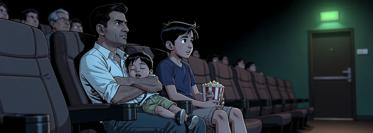 A dark cinema row lit by the screen’s glow. Papa sits with folded arms, Veer asleep against him. Dhruv looks not at the screen but at a small green lamp over a side door.