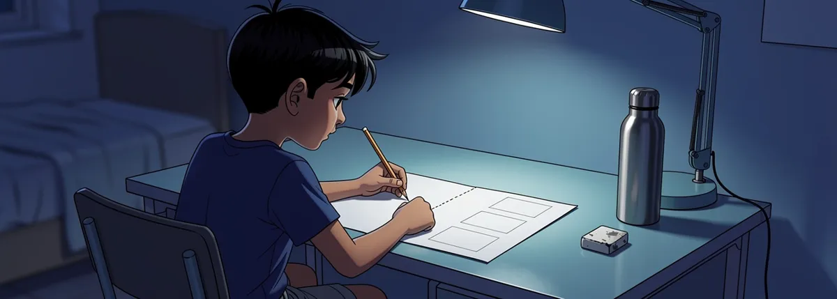 Over Dhruv’s shoulder: a sheet of paper with one pencil line down the middle. Three blank ticket stubs lie to the left of it; two small empty rectangles are drawn to the right.