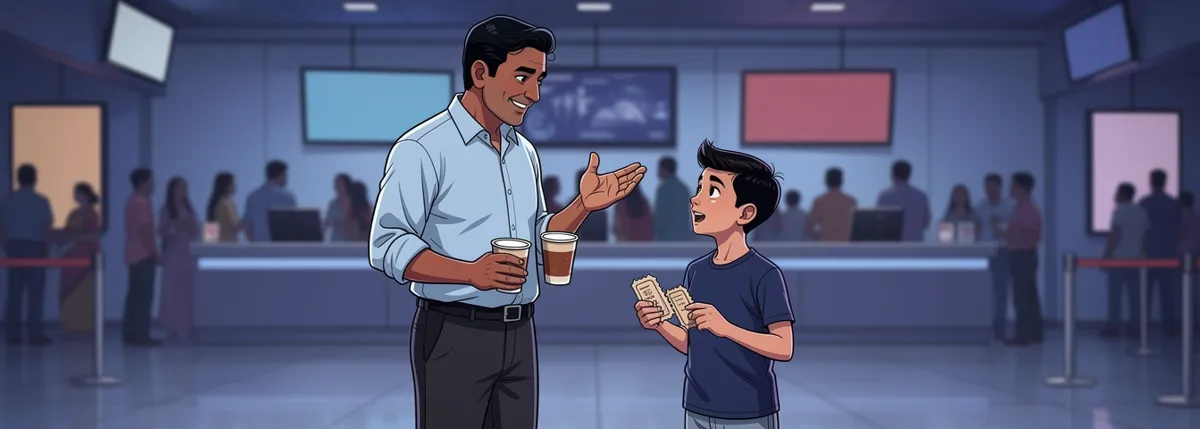 The bright lobby at the interval. Papa holds two paper cups, one hand raised in a cheerful that-is-the-way gesture. Dhruv holds three ticket stubs and listens.