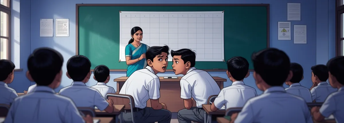 A classroom seen from the back. The teacher stands beside a wide blank chart pinned to the board. Children whisper. Dhruv, in the second row, turns to Sameer with his brow creased.