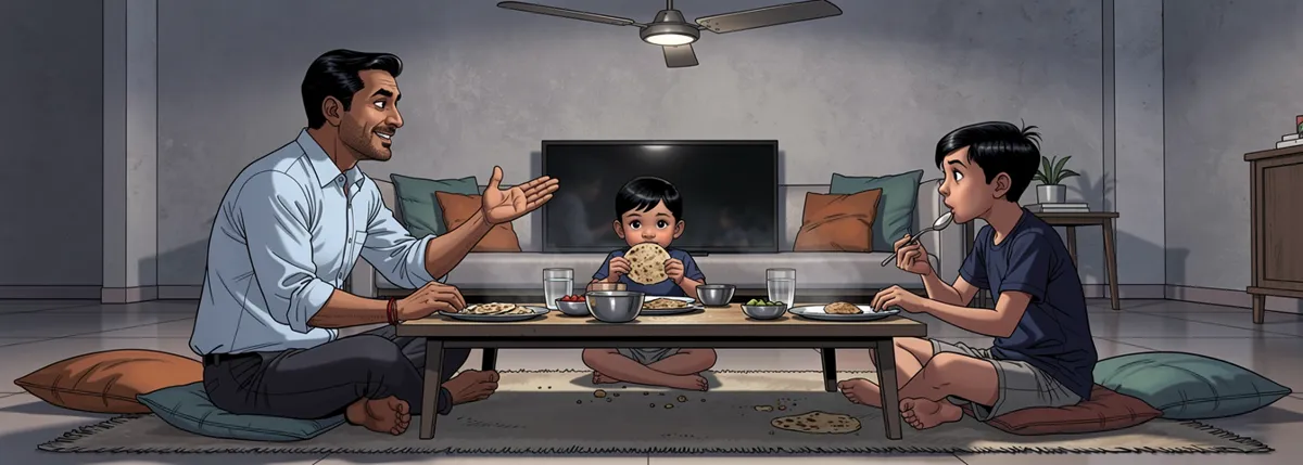 Dinner on the living-room floor. Papa, cross-legged, raises one palm in a calm that-is-how-it-is gesture. Veer is busy with a chapati. Dhruv listens, spoon halfway to his plate.