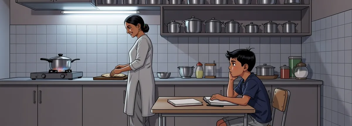 A kitchen at night. Mummy rolls chapatis at the counter and looks back over her shoulder with a warm smile. Dhruv sits at the table with a closed book, chin on his hand, staring at nothing.