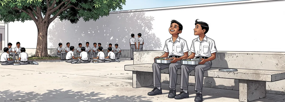 A sunlit school courtyard at lunch. Sameer sits at the end of a long bench with his tiffin open, grinning up. Dhruv sits down beside him, the worry gone from his face.