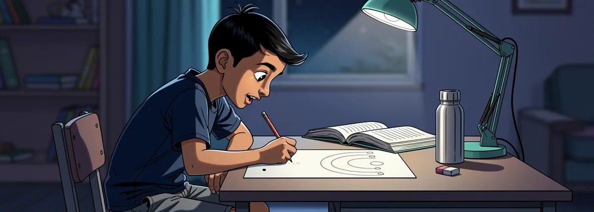 Over Dhruv’s shoulder: a sheet of paper with a small dot near the bottom edge and three pencil half-circles round it. A few blank ovals sit inside the rings. An open book lies beside the paper.