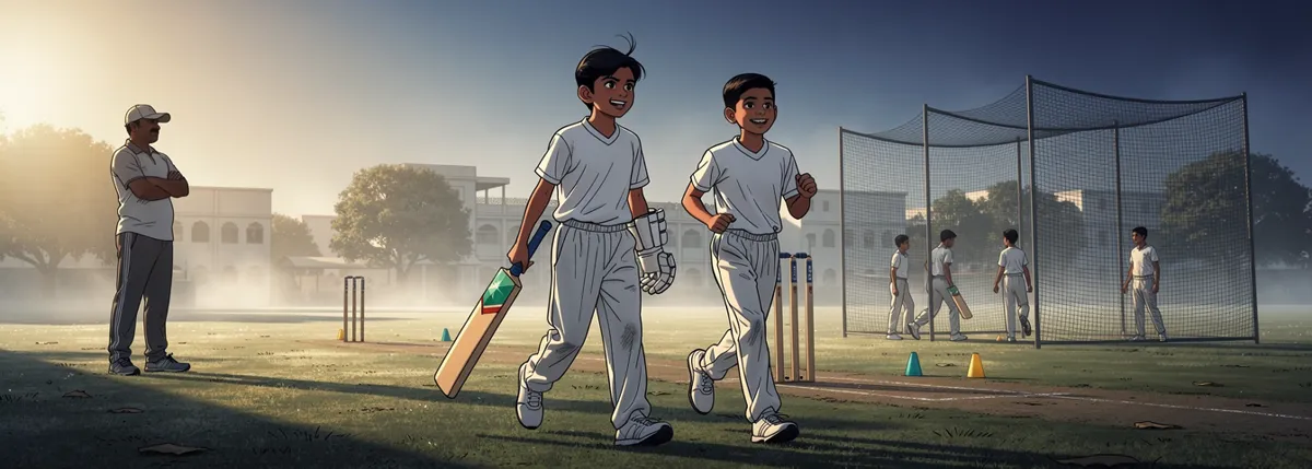 A school ground on a misty November morning, low sun over the nets, a coach with folded arms. Dhruv walks toward the nets with his bat, Sameer jogging beside him, both grinning.