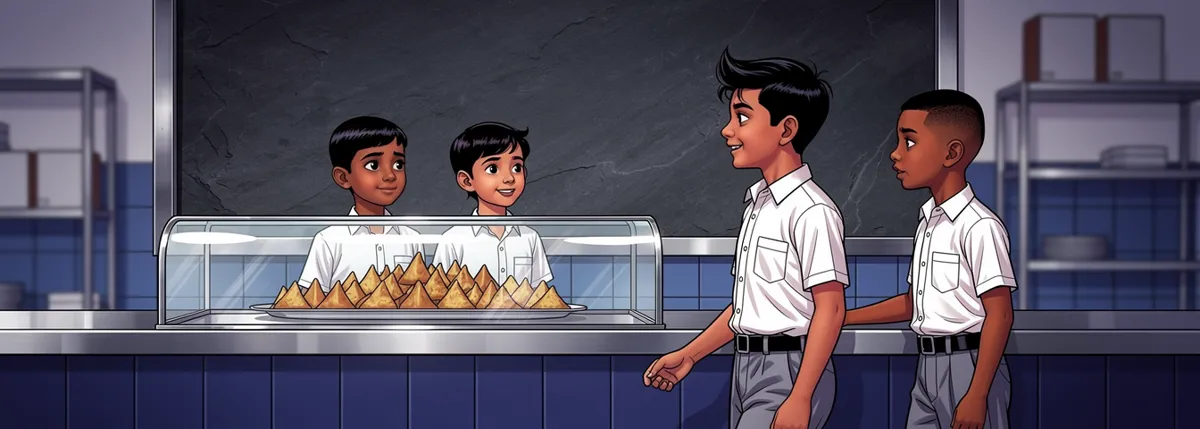 A school canteen at break. A steel tray of samosas under glass, children crowding with coins. Dhruv walks past with Sameer, his right hand closed tight, not looking at the tray.