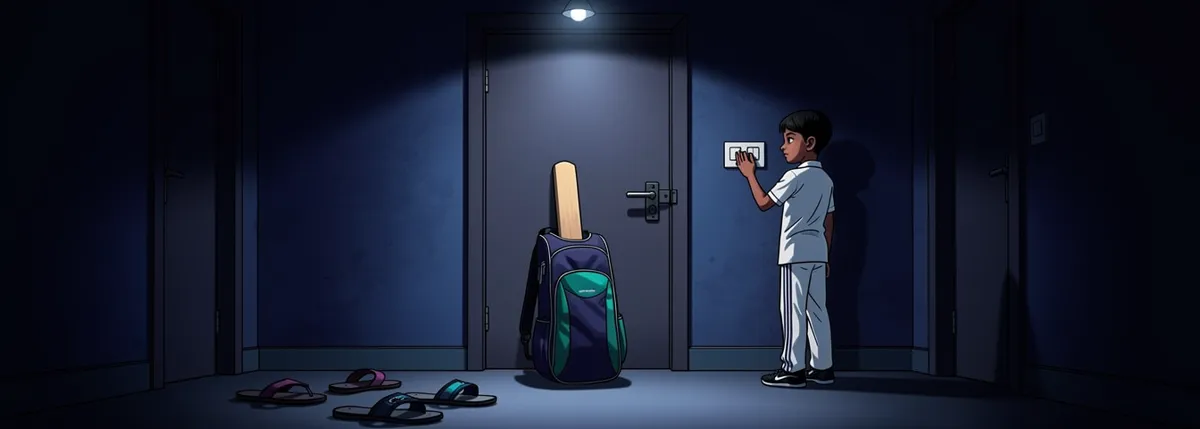 A dark entrance hall at night. A cricket kit bag stands upright against the bolted front door with a bat handle rising out of it, square in the way. Sameer is at the light switch across the hall, looking back at it.