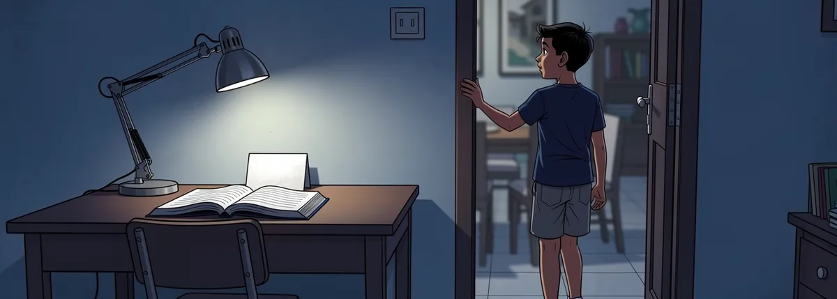 A desk in the early evening. The lamp is on and pointed down, the reader lies open in the middle of the desk, a small blank card is propped against the lamp, the chair is pulled out and empty. Dhruv is walking away through the doorway behind it.