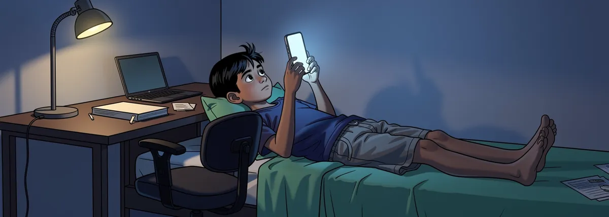A room at night with one lamp on. The school reader lies shut on the desk with the bookmark still near the front. Dhruv is back across the bed with the phone above his face, the chair empty behind him.