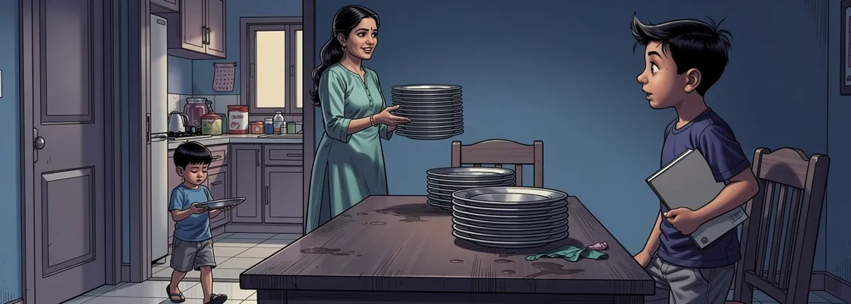 Just after dinner. Mummy lifts a stack of steel plates toward the kitchen and Veer carries one small plate with both hands. Dhruv is already up from his chair, a thick book under his arm, turning for the next room.