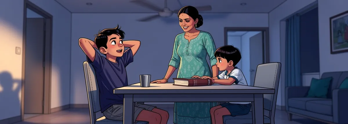 The dining table on a warm evening at the end of term. The finished reader lies shut at the edge of the table. Dhruv sits back with his hands behind his head. Veer reaches for the big book with both hands while Mummy stands behind them.