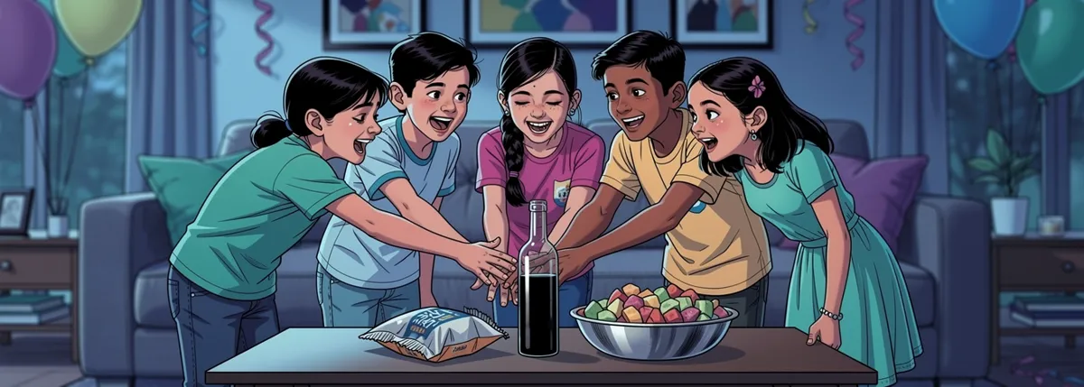 A birthday table with a crumpled empty snack packet and a nearly empty bottle beside a wide steel bowl of cut fruit that is still almost full, children reaching past it.