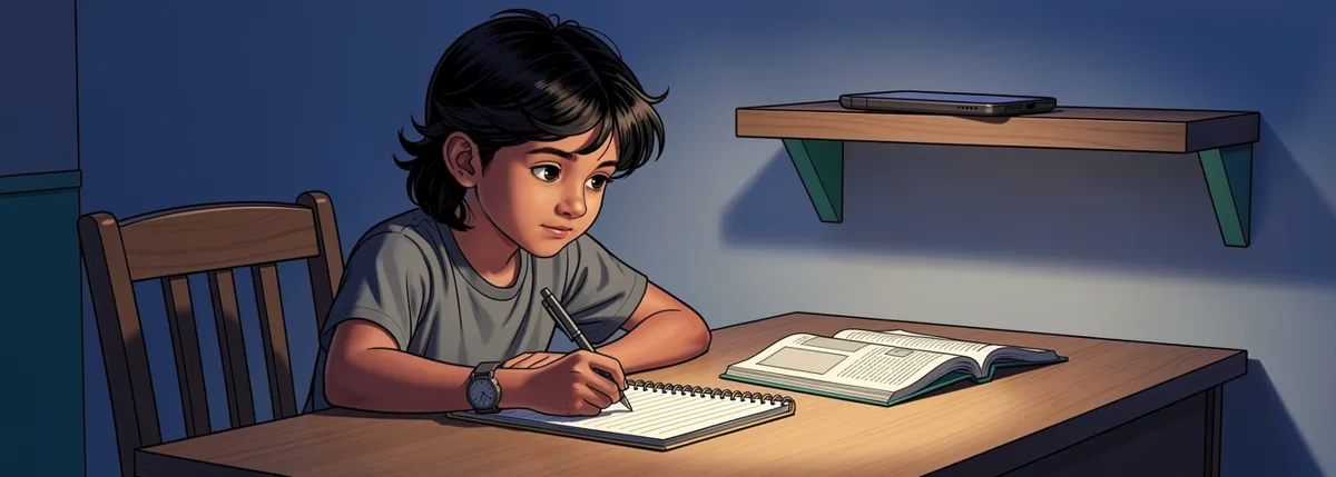 Arjun sits writing in an open spiral notebook at a lamp-lit desk with a textbook flat beside him, calm and absorbed, his phone face down on a far shelf out of reach.