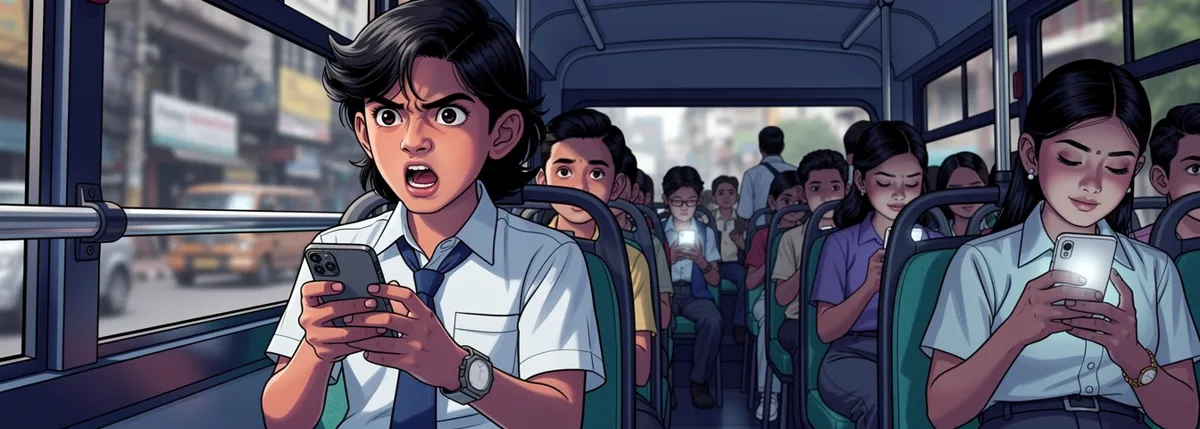 Arjun sits by a bus window holding his phone in both hands, his face sharp with sudden anger, one thumb already lifting to tap, other passengers unbothered.