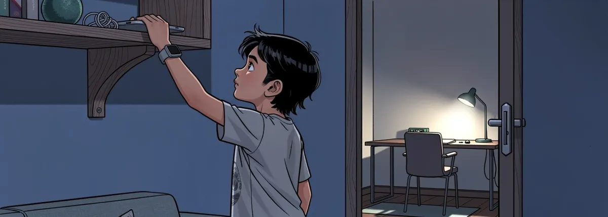 Arjun reaches up to set his phone face down on a high shelf in the front room beside a coiled charging cable, turning away toward a lit study corner beyond the doorway.