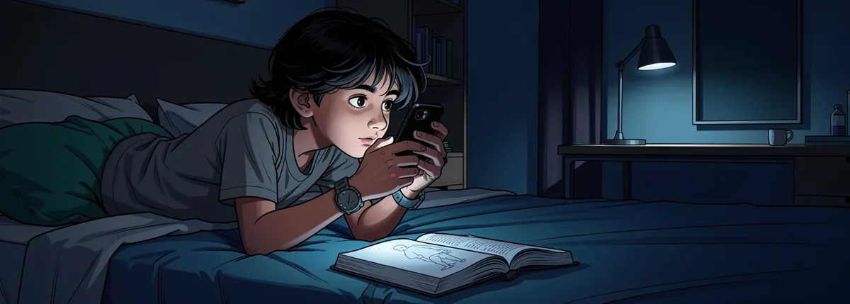 Arjun lies propped on one elbow in a dark bedroom holding a phone close to his face, its glow lighting his cheeks, a thick textbook open and ignored on the bed beside him.