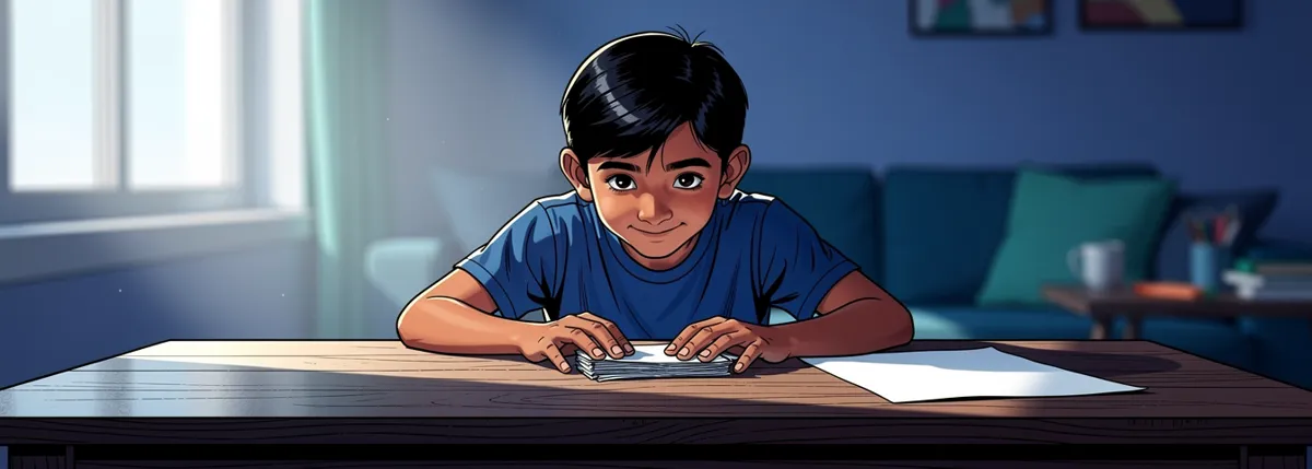 Aarav leans over a table by a window pressing down with both hands on a small thick folded wad of paper that will not bend, one large flat unfolded sheet lying beside his elbow.