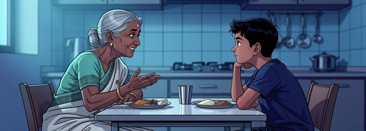 Aarav’s grandmother sits across a small kitchen table from him at dinner, one hand raised and open as she explains something with calm certainty.