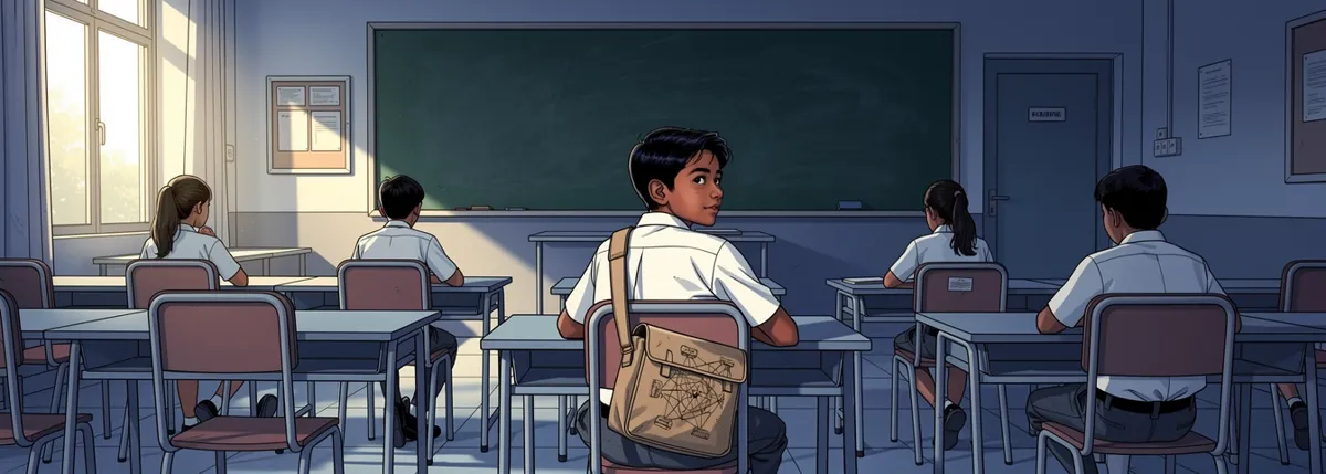 A classroom seen from the back with nearly every desk bare and its chair pushed in, five children sitting far apart; Aarav is turned right round in his seat looking back over the empty desks.