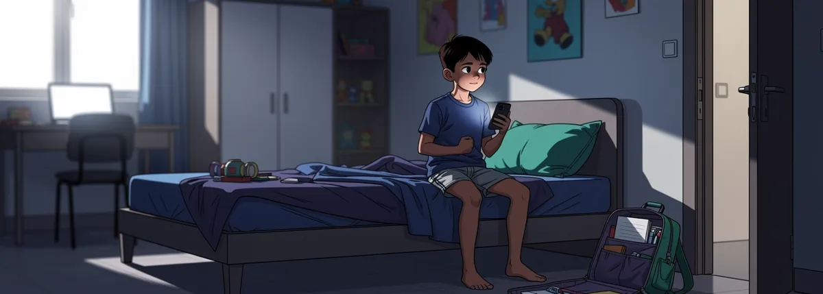 Aarav sits on the edge of his bed with his thumb mid-tap on a phone, already half turned toward the door, a school bag open on the floor beside him.