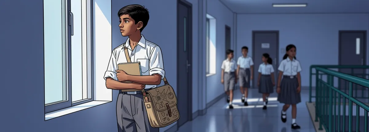 Aarav stands at a tall corridor window in late-afternoon light with his notebook closed against his chest, looking out with quiet, settled attention.